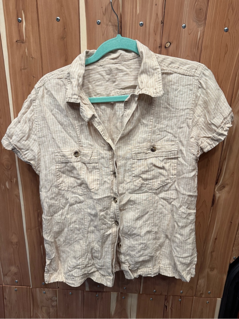 Filson Women's Short Sleeve Button-Up Shirt in Light Beige White Stripes
